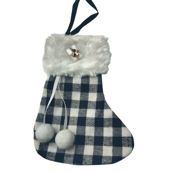 Jewelry - Buffalo Plaid Mini Christmas Stocking Snowball Accents White Present Pinback